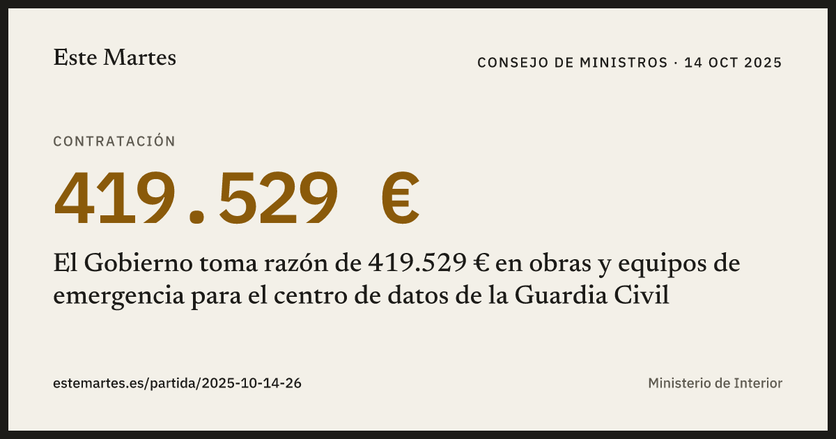 Tarjeta: El Gobierno toma razón de 419.529 € en obras y equipos de emergencia para el centro de datos de la Guardia Civil