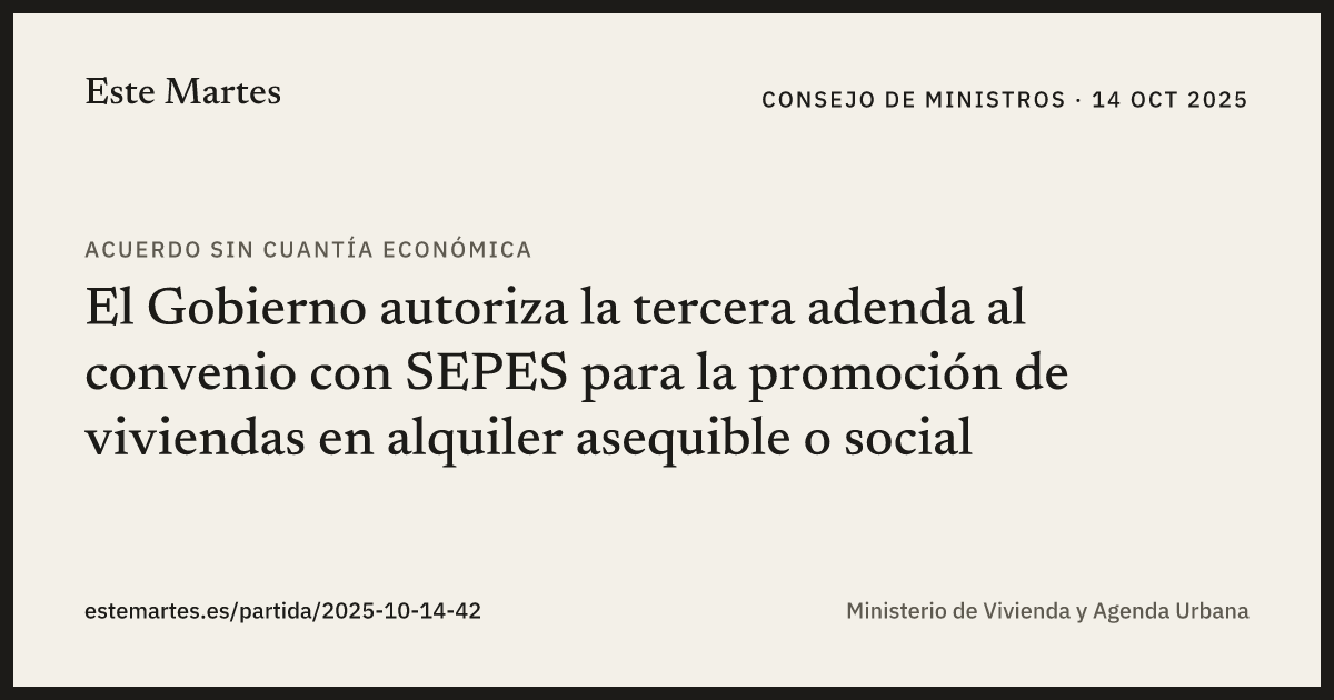 Tarjeta: El Gobierno autoriza la tercera adenda al convenio con SEPES para la promoción de viviendas en alquiler asequible o social