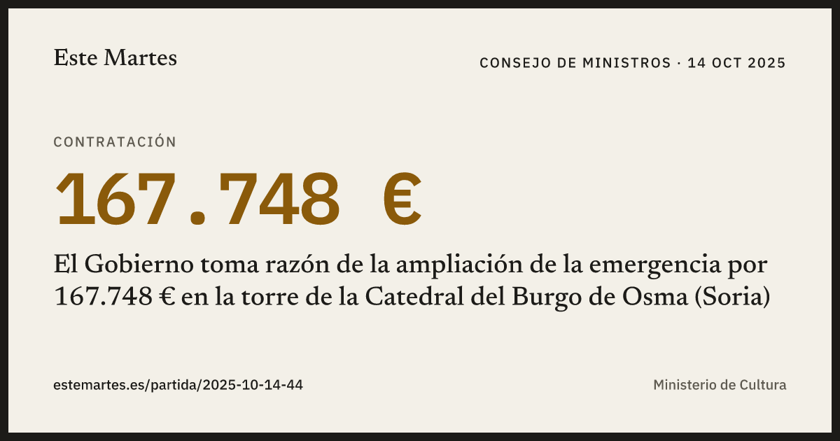 Tarjeta: El Gobierno toma razón de la ampliación de la emergencia por 167.748 € en la torre de la Catedral del Burgo de Osma (Soria)