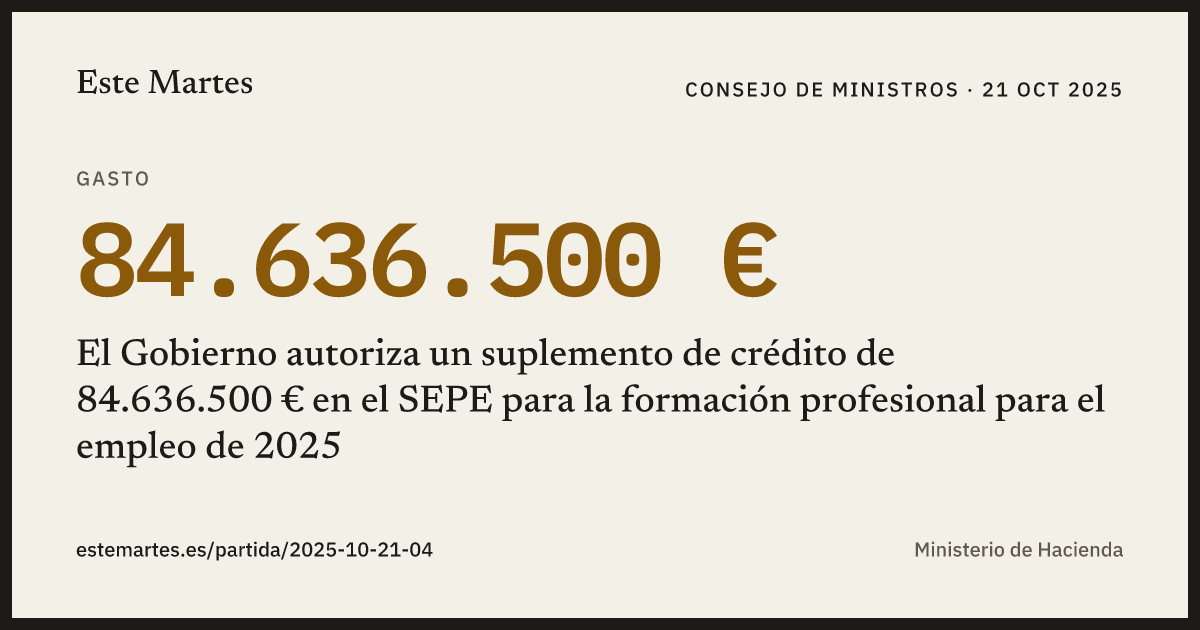 Tarjeta: El Gobierno autoriza un suplemento de crédito de 84.636.500 € en el SEPE para la formación profesional para el empleo de 2025