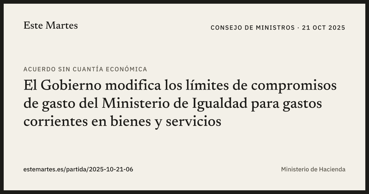 Tarjeta: El Gobierno modifica los límites de compromisos de gasto del Ministerio de Igualdad para gastos corrientes en bienes y servicios