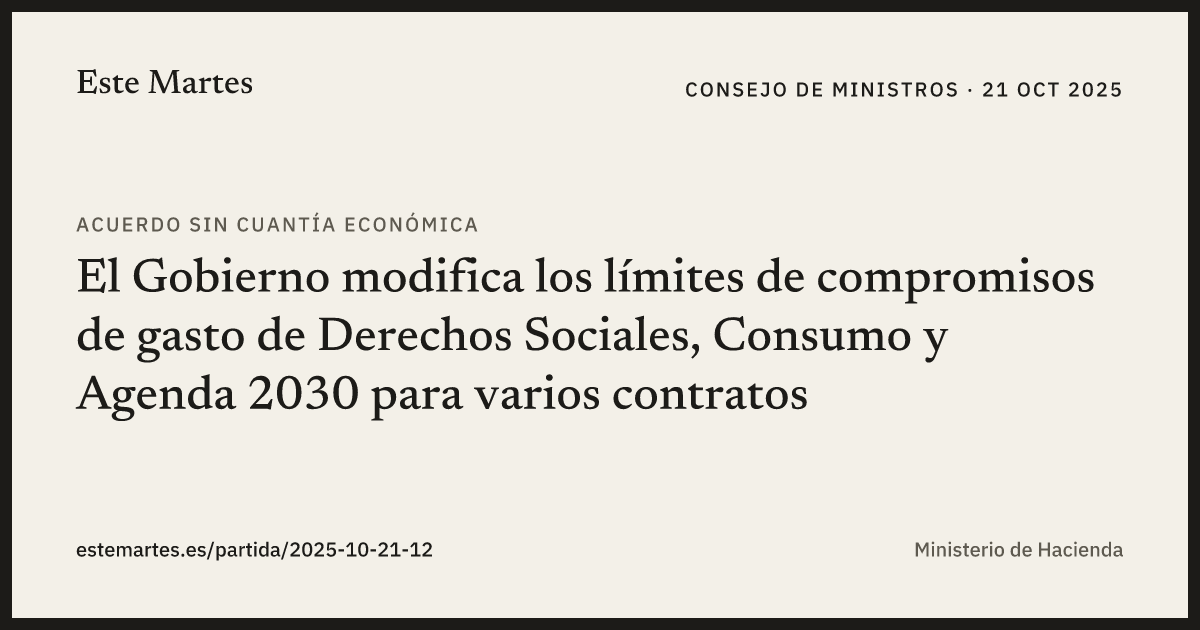 Tarjeta: El Gobierno modifica los límites de compromisos de gasto de Derechos Sociales, Consumo y Agenda 2030 para varios contratos