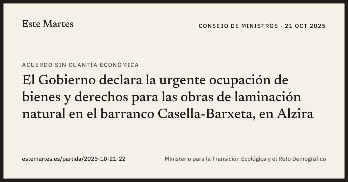 Tarjeta: El Gobierno declara la urgente ocupación de bienes y derechos para las obras de laminación natural en el barranco Casella-Barxeta, en Alzira