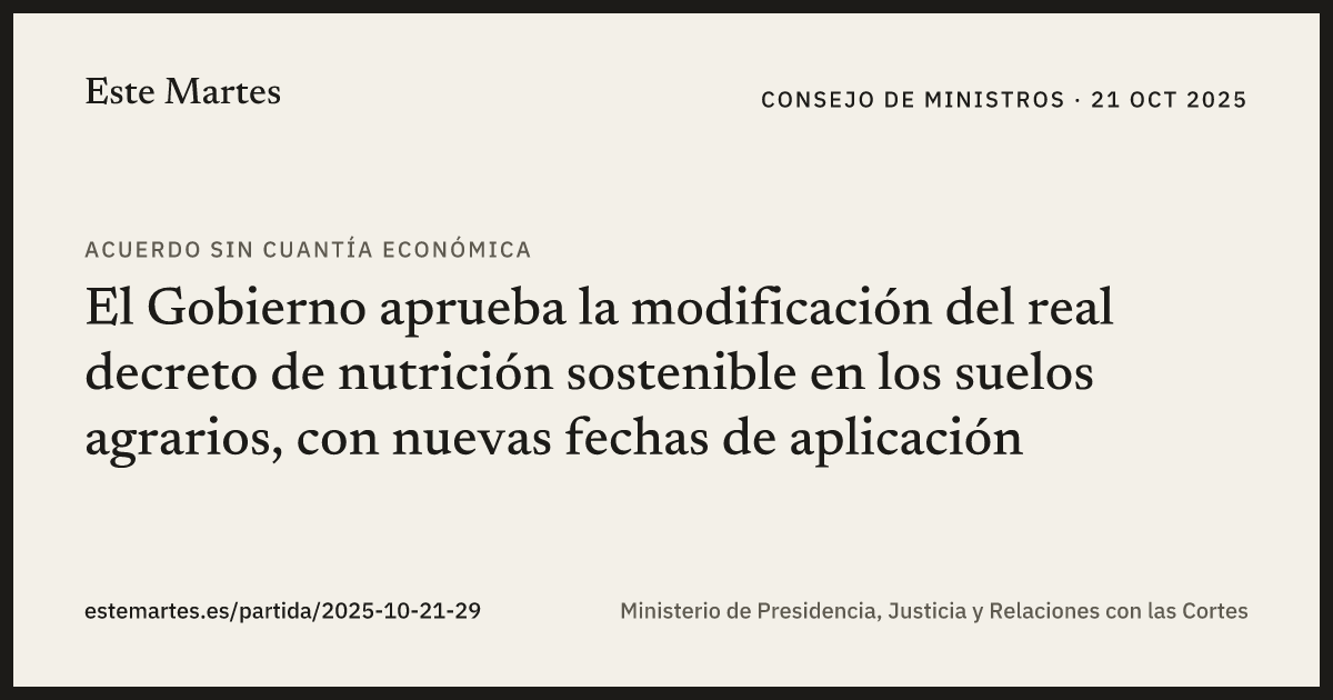 Tarjeta: El Gobierno aprueba la modificación del real decreto de nutrición sostenible en los suelos agrarios, con nuevas fechas de aplicación