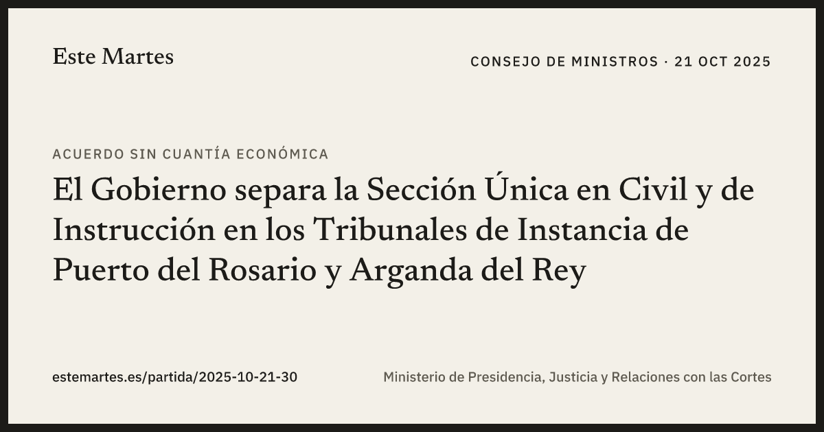 Tarjeta: El Gobierno separa la Sección Única en Civil y de Instrucción en los Tribunales de Instancia de Puerto del Rosario y Arganda del Rey