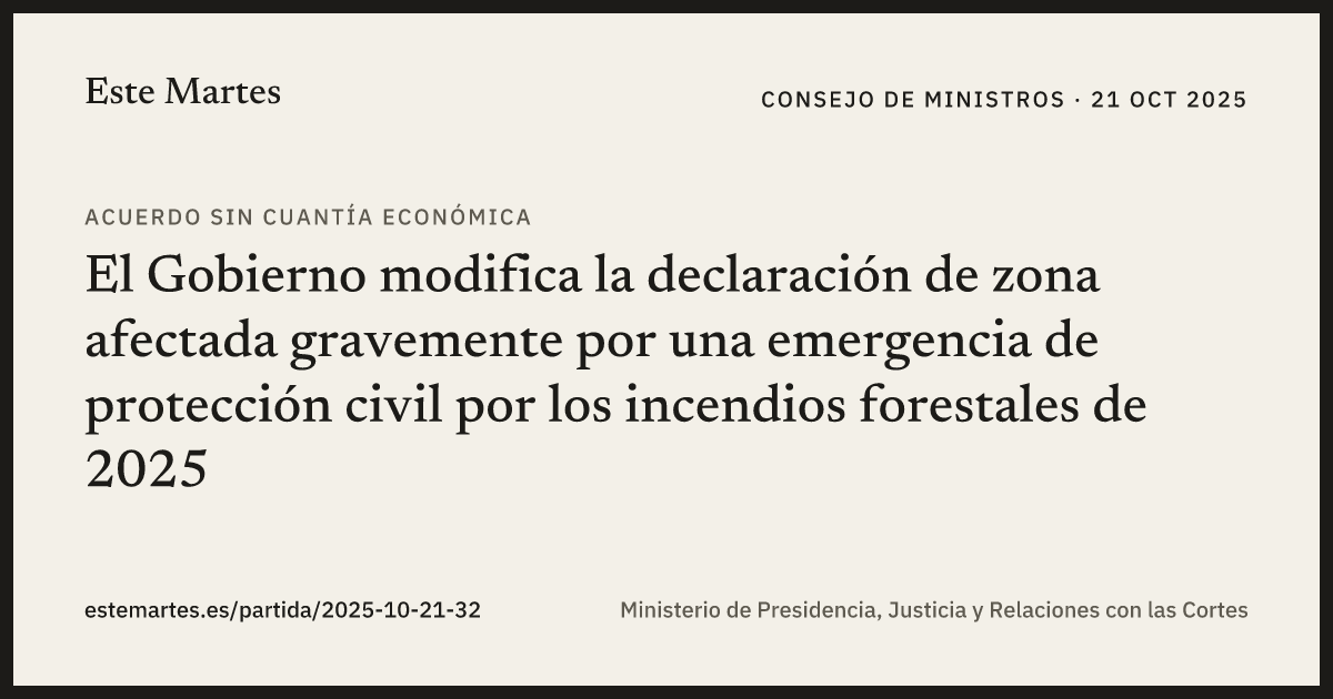 Tarjeta: El Gobierno modifica la declaración de zona afectada gravemente por una emergencia de protección civil por los incendios forestales de 2025