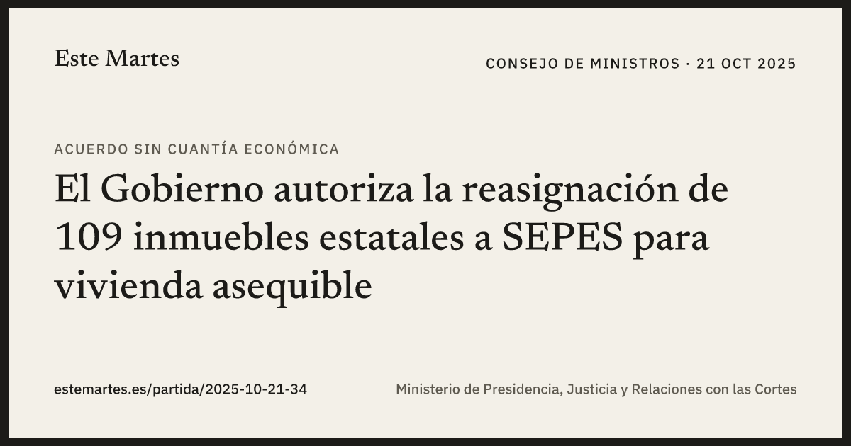 Tarjeta: El Gobierno autoriza la reasignación de 109 inmuebles estatales a SEPES para vivienda asequible
