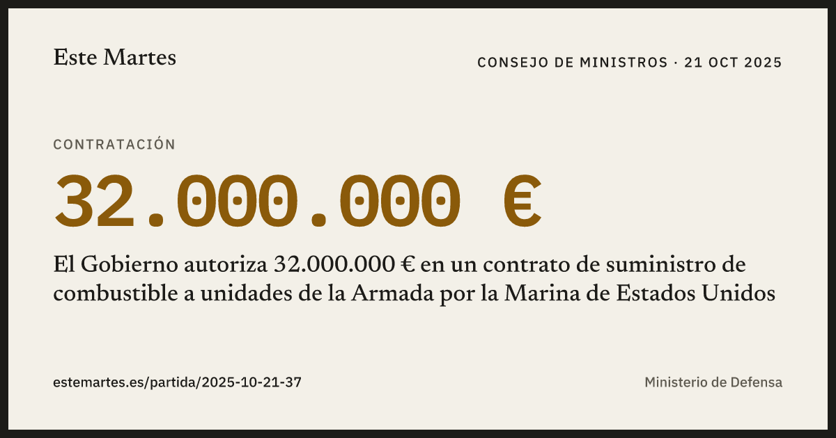 Tarjeta: El Gobierno autoriza 32.000.000 € en un contrato de suministro de combustible a unidades de la Armada por la Marina de Estados Unidos