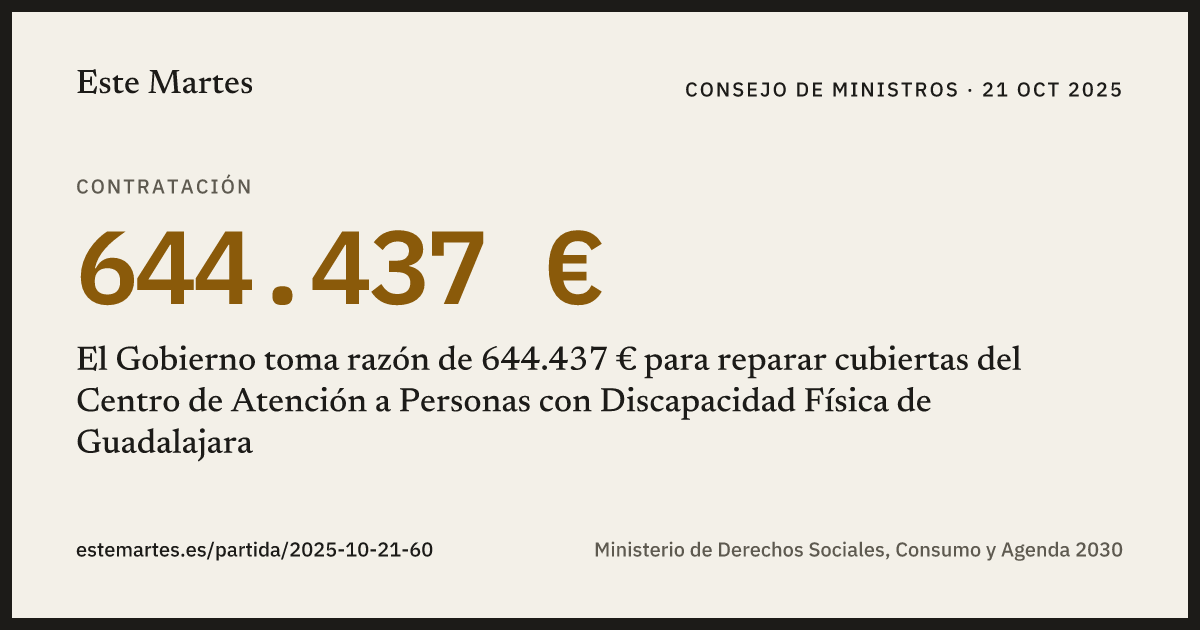 Tarjeta: El Gobierno toma razón de 644.437 € para reparar cubiertas del Centro de Atención a Personas con Discapacidad Física de Guadalajara