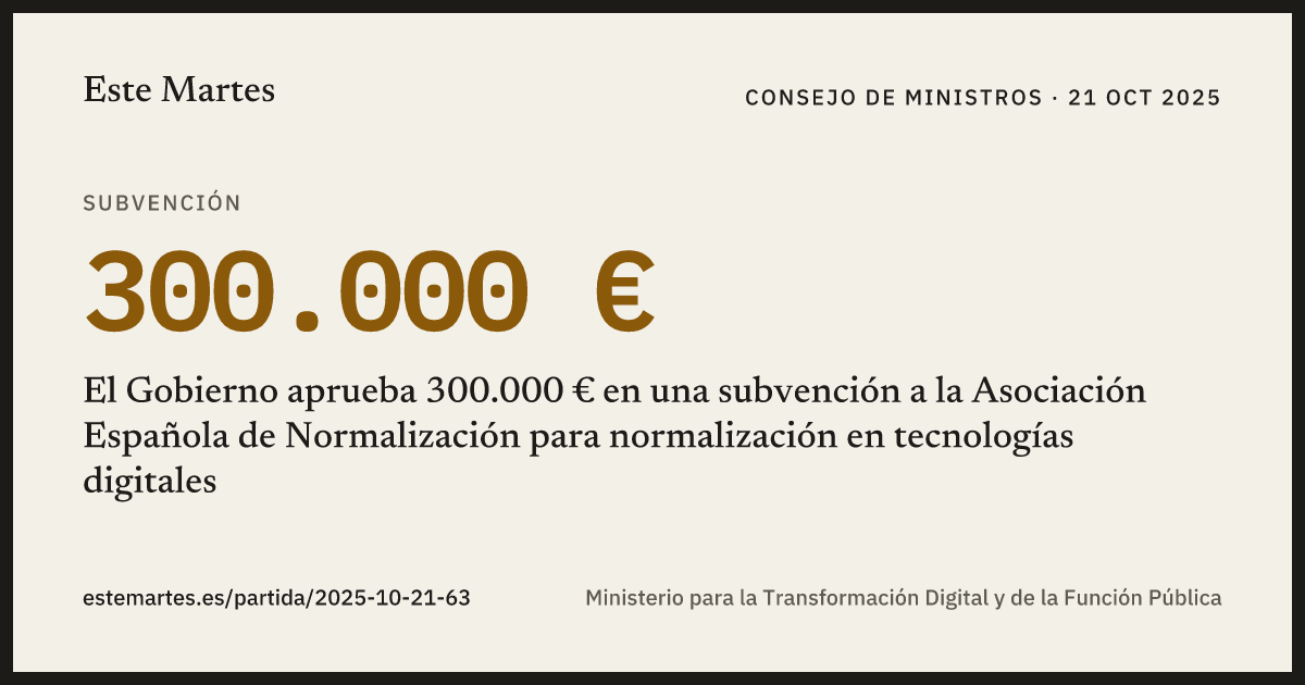 Tarjeta: El Gobierno aprueba 300.000 € en una subvención a la Asociación Española de Normalización para normalización en tecnologías digitales