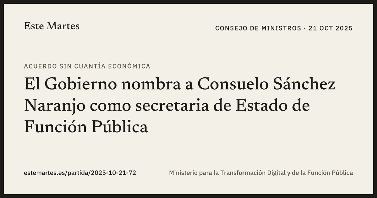 Tarjeta: El Gobierno nombra a Consuelo Sánchez Naranjo como secretaria de Estado de Función Pública