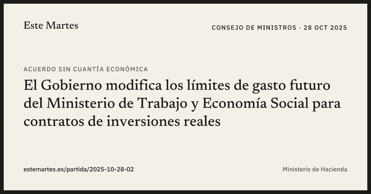 Tarjeta: El Gobierno modifica los límites de gasto futuro del Ministerio de Trabajo y Economía Social para contratos de inversiones reales
