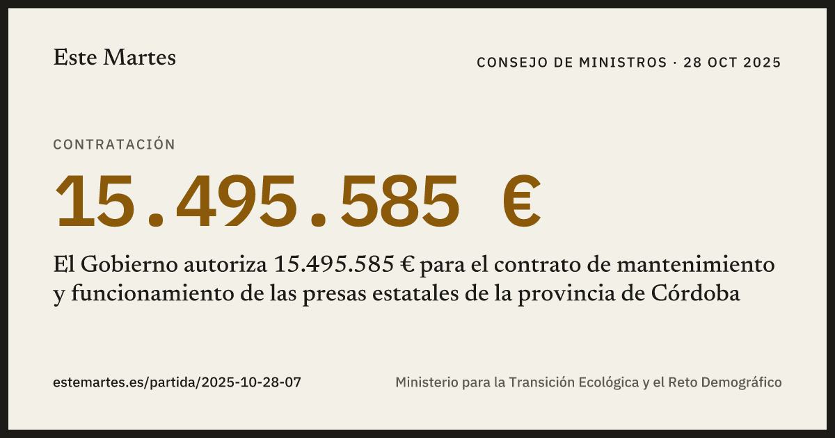 Tarjeta: El Gobierno autoriza 15.495.585 € para el contrato de mantenimiento y funcionamiento de las presas estatales de la provincia de Córdoba