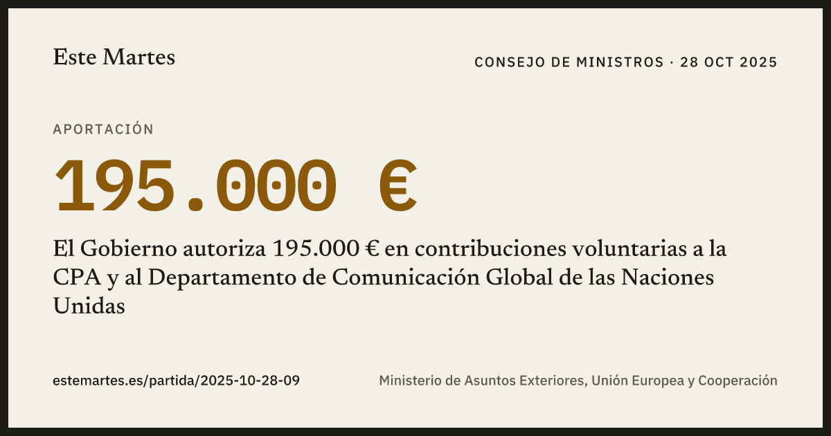 Tarjeta: El Gobierno autoriza 195.000 € en contribuciones voluntarias a la CPA y al Departamento de Comunicación Global de las Naciones Unidas
