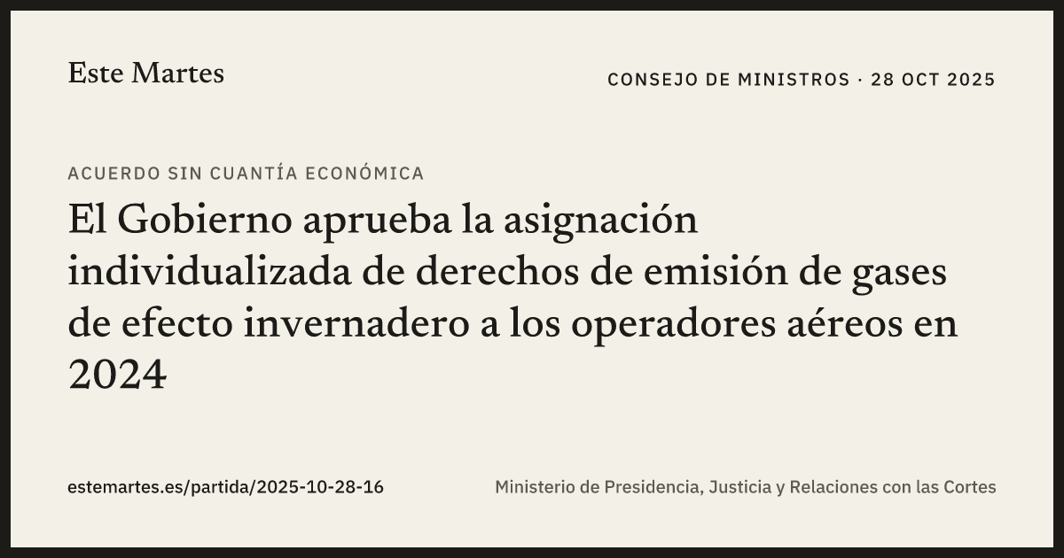 Tarjeta: El Gobierno aprueba la asignación individualizada de derechos de emisión de gases de efecto invernadero a los operadores aéreos en 2024