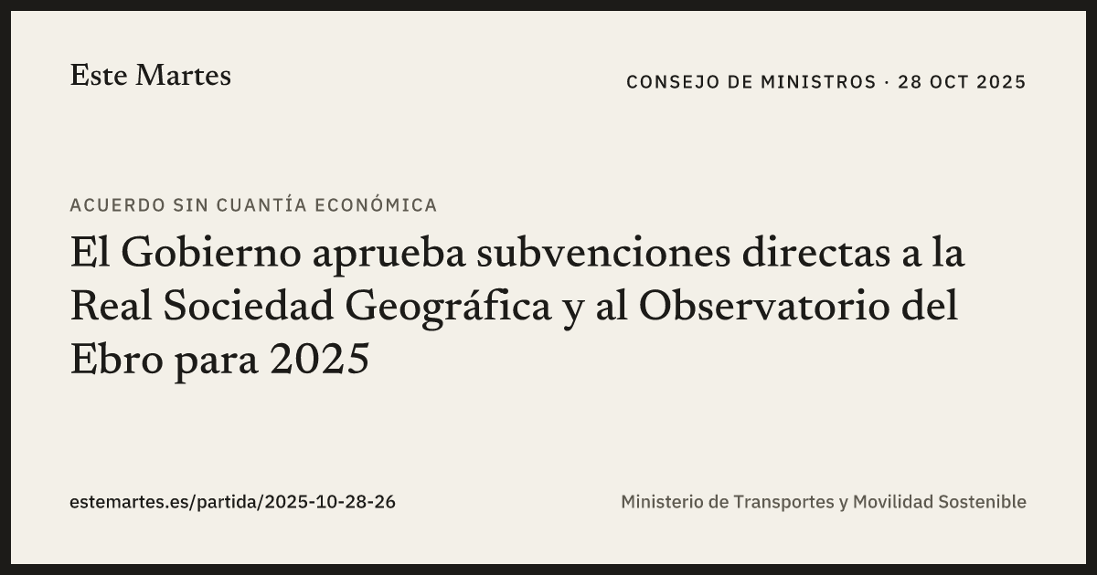 Tarjeta: El Gobierno aprueba subvenciones directas a la Real Sociedad Geográfica y al Observatorio del Ebro para 2025