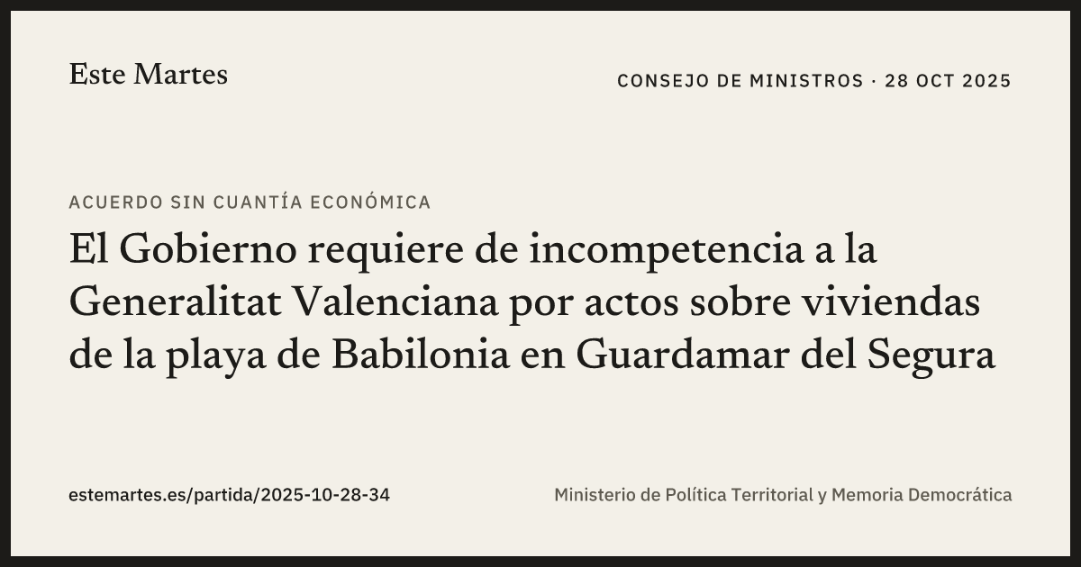 Tarjeta: El Gobierno requiere de incompetencia a la Generalitat Valenciana por actos sobre viviendas de la playa de Babilonia en Guardamar del Segura