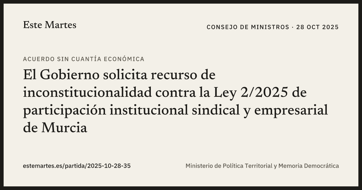 Tarjeta: El Gobierno solicita recurso de inconstitucionalidad contra la Ley 2/2025 de participación institucional sindical y empresarial de Murcia