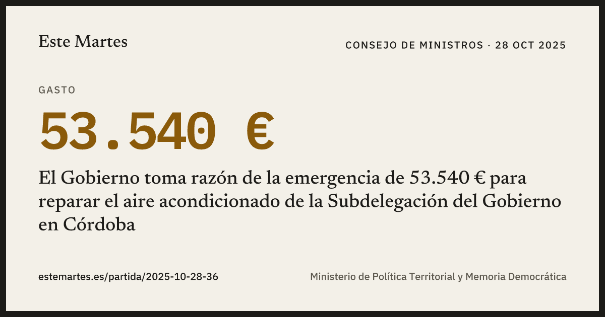 Tarjeta: El Gobierno toma razón de la emergencia de 53.540 € para reparar el aire acondicionado de la Subdelegación del Gobierno en Córdoba