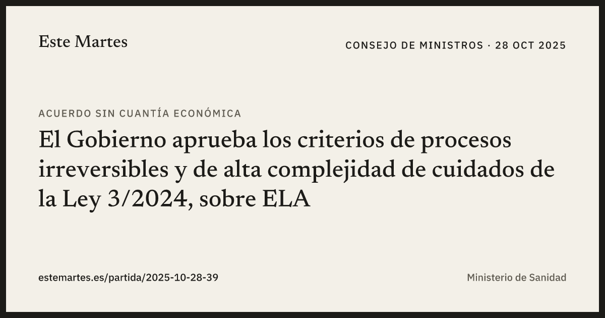 Tarjeta: El Gobierno aprueba los criterios de procesos irreversibles y de alta complejidad de cuidados de la Ley 3/2024, sobre ELA