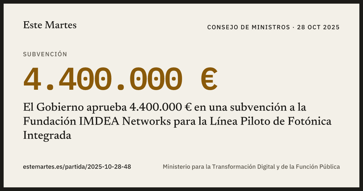 Tarjeta: El Gobierno aprueba 4.400.000 € en una subvención a la Fundación IMDEA Networks para la Línea Piloto de Fotónica Integrada