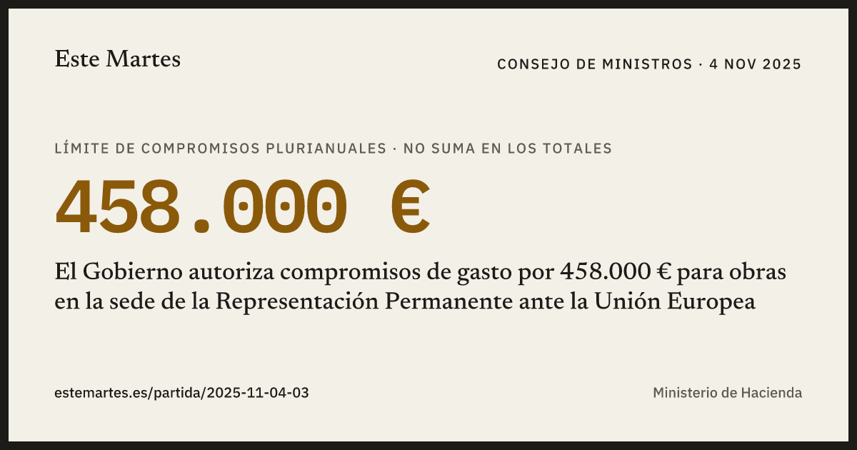 Tarjeta: El Gobierno autoriza compromisos de gasto por 458.000 € para obras en la sede de la Representación Permanente ante la Unión Europea