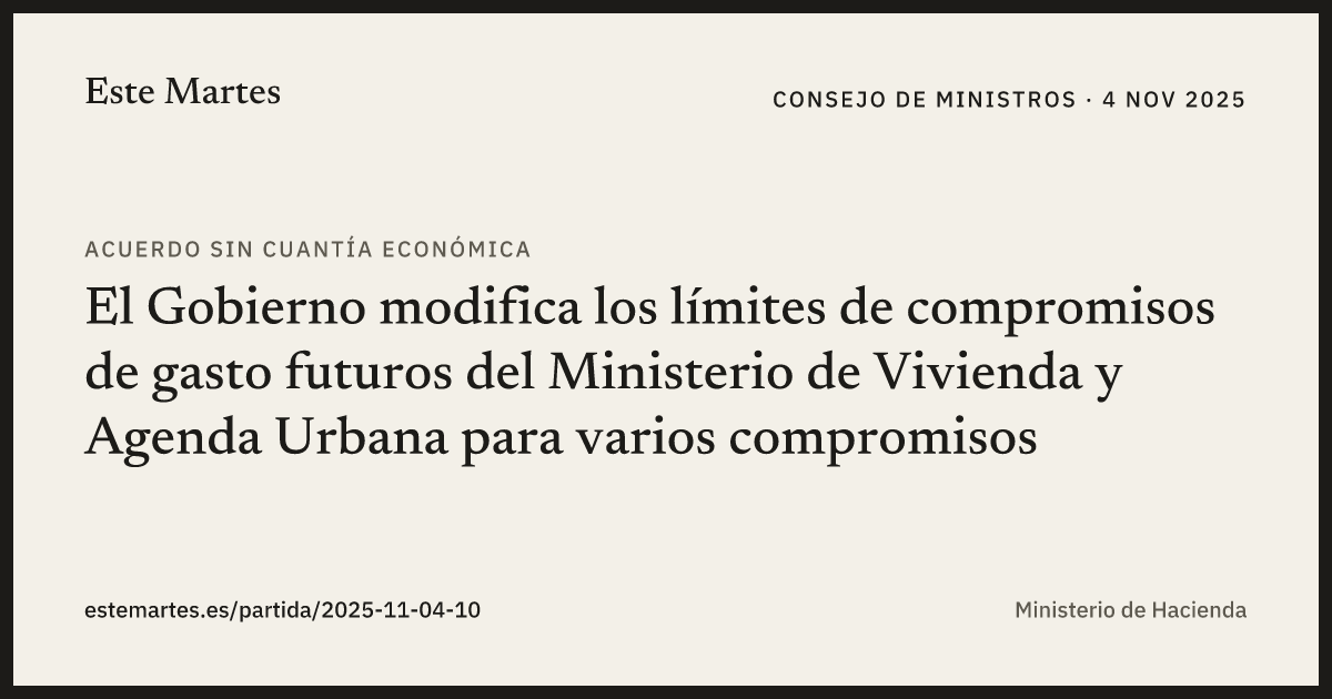 Tarjeta: El Gobierno modifica los límites de compromisos de gasto futuros del Ministerio de Vivienda y Agenda Urbana para varios compromisos