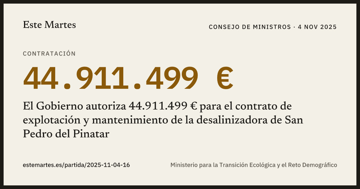 Tarjeta: El Gobierno autoriza 44.911.499 € para el contrato de explotación y mantenimiento de la desalinizadora de San Pedro del Pinatar