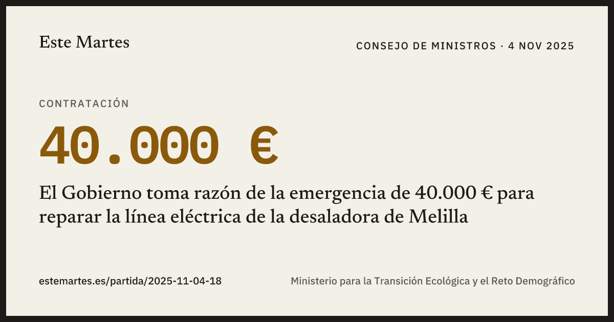 Tarjeta: El Gobierno toma razón de la emergencia de 40.000 € para reparar la línea eléctrica de la desaladora de Melilla