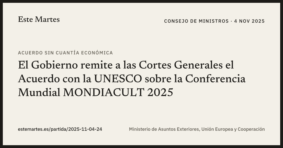 Tarjeta: El Gobierno remite a las Cortes Generales el Acuerdo con la UNESCO sobre la Conferencia Mundial MONDIACULT 2025