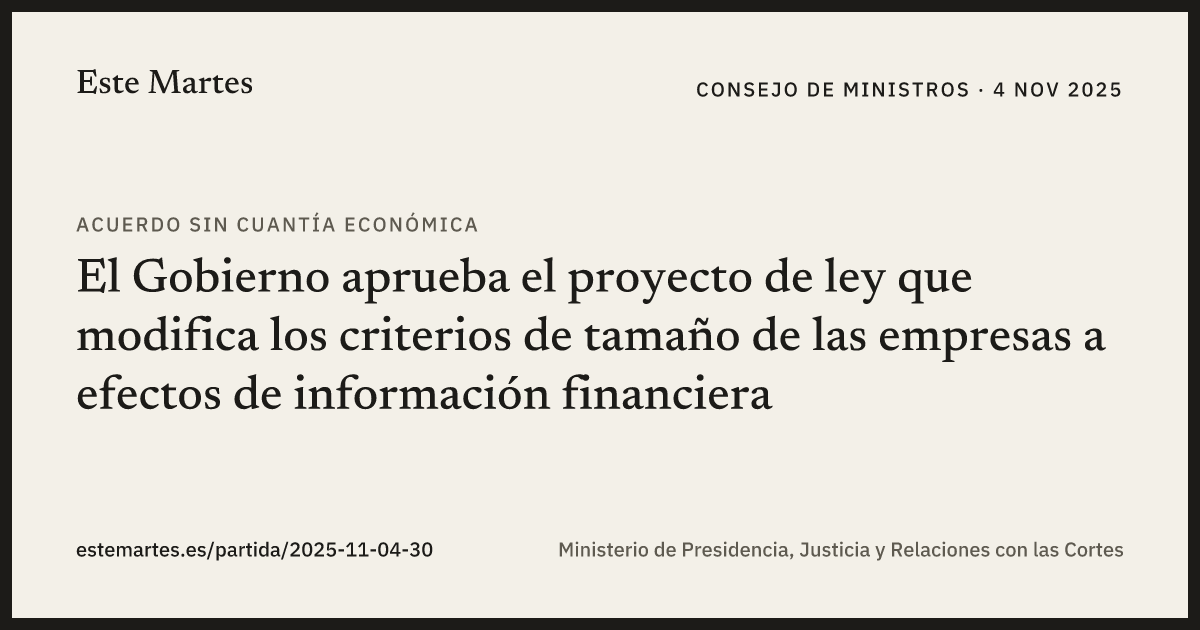 Tarjeta: El Gobierno aprueba el proyecto de ley que modifica los criterios de tamaño de las empresas a efectos de información financiera