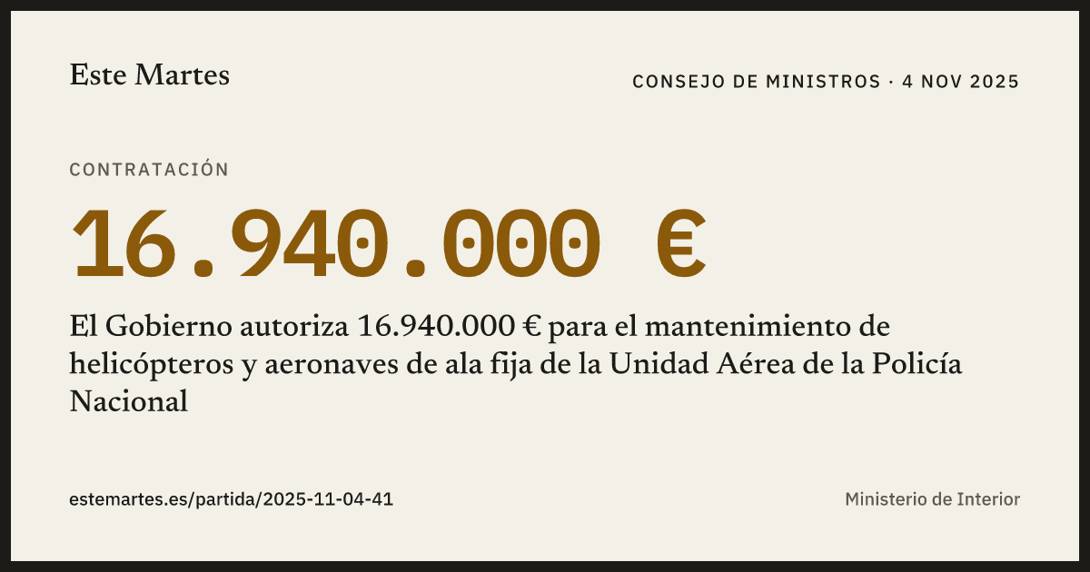 Tarjeta: El Gobierno autoriza 16.940.000 € para el mantenimiento de helicópteros y aeronaves de ala fija de la Unidad Aérea de la Policía Nacional