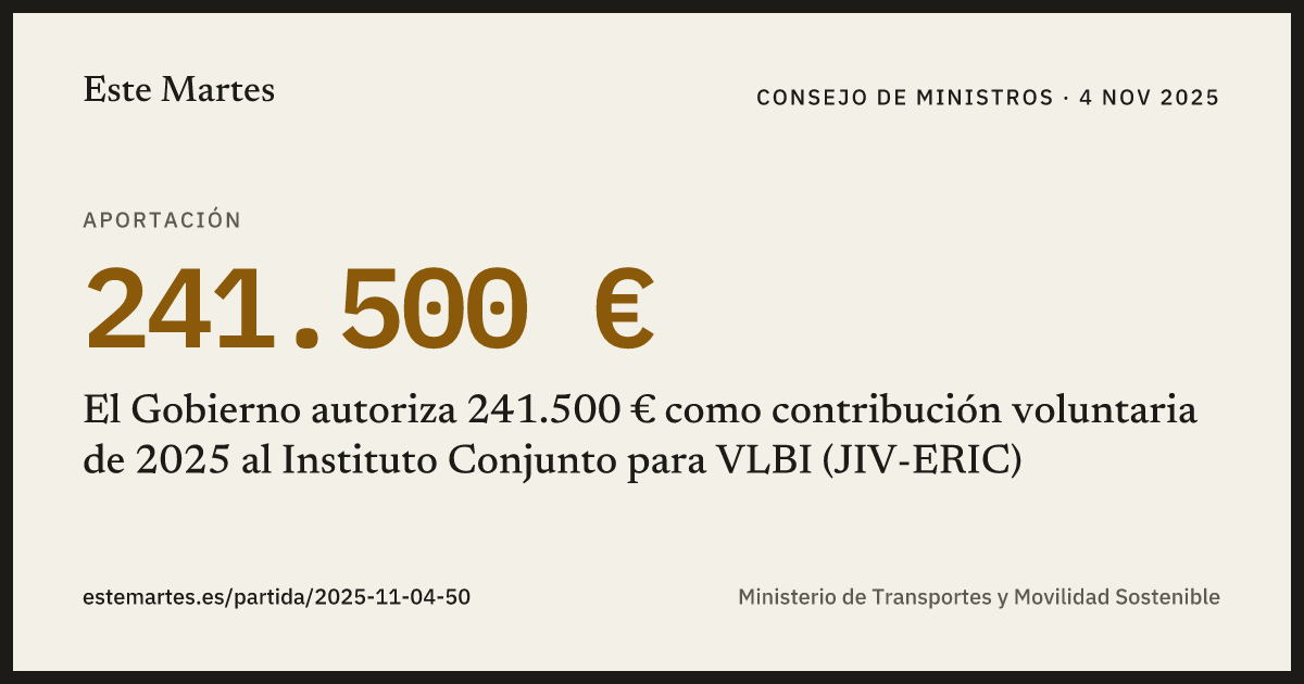 Tarjeta: El Gobierno autoriza 241.500 € como contribución voluntaria de 2025 al Instituto Conjunto para VLBI (JIV-ERIC)