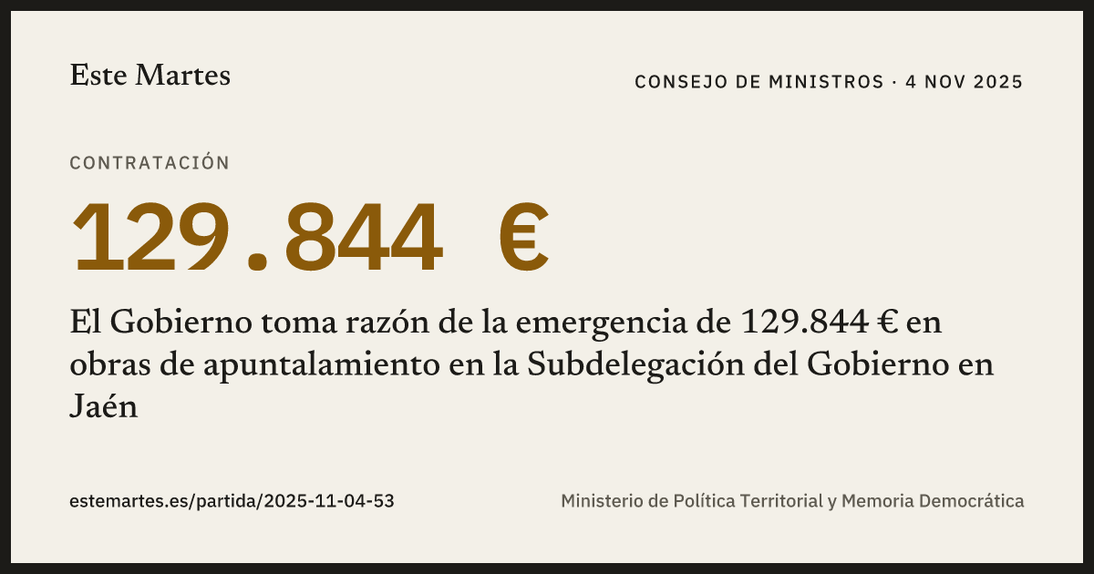 Tarjeta: El Gobierno toma razón de la emergencia de 129.844 € en obras de apuntalamiento en la Subdelegación del Gobierno en Jaén