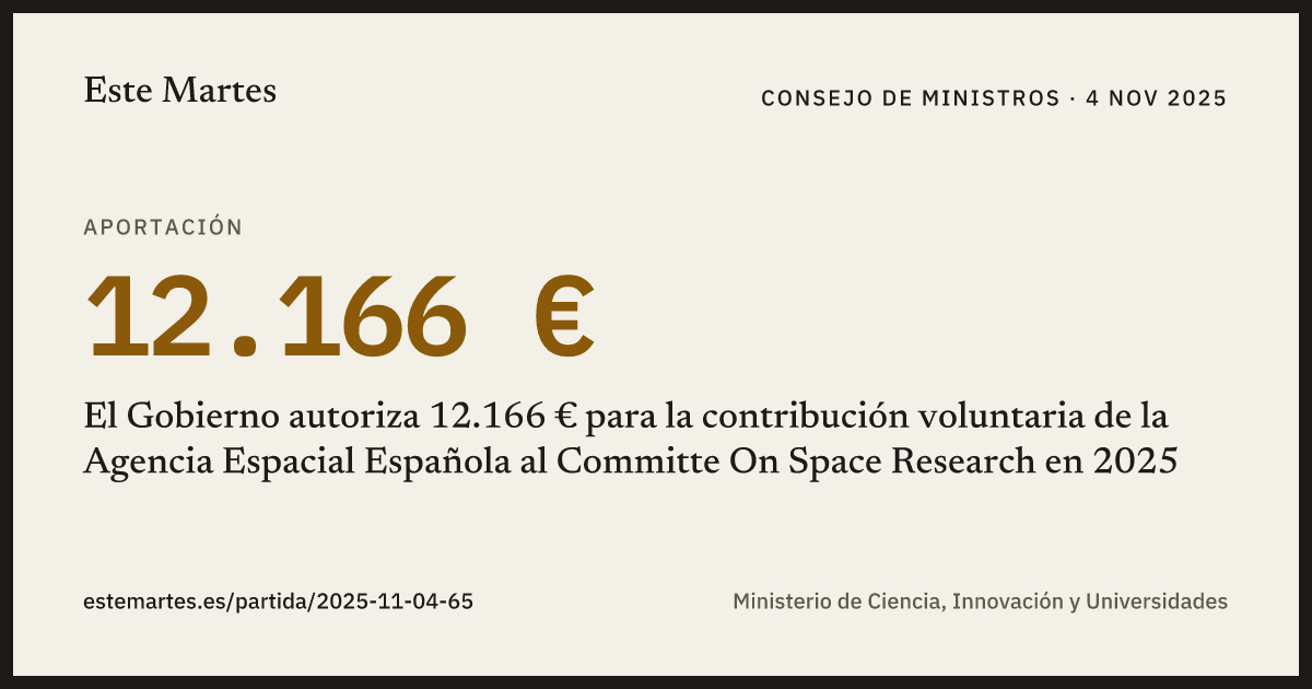 Tarjeta: El Gobierno autoriza 12.166 € para la contribución voluntaria de la Agencia Espacial Española al Committe On Space Research en 2025