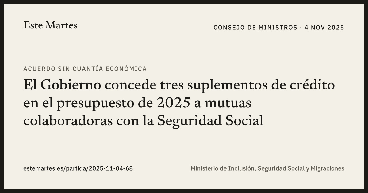 Tarjeta: El Gobierno concede tres suplementos de crédito en el presupuesto de 2025 a mutuas colaboradoras con la Seguridad Social