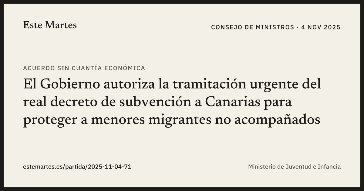Tarjeta: El Gobierno autoriza la tramitación urgente del real decreto de subvención a Canarias para proteger a menores migrantes no acompañados