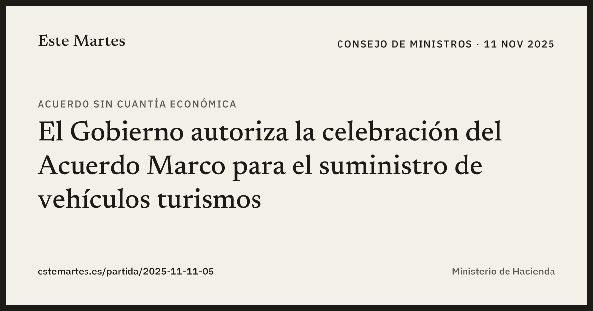 Tarjeta: El Gobierno autoriza la celebración del Acuerdo Marco para el suministro de vehículos turismos