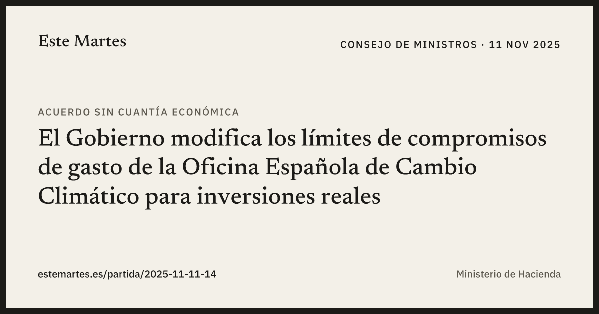 Tarjeta: El Gobierno modifica los límites de compromisos de gasto de la Oficina Española de Cambio Climático para inversiones reales
