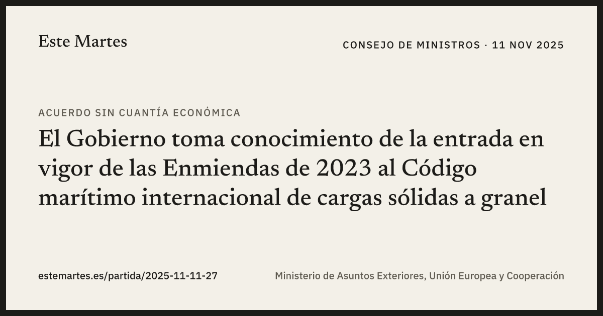 Tarjeta: El Gobierno toma conocimiento de la entrada en vigor de las Enmiendas de 2023 al Código marítimo internacional de cargas sólidas a granel