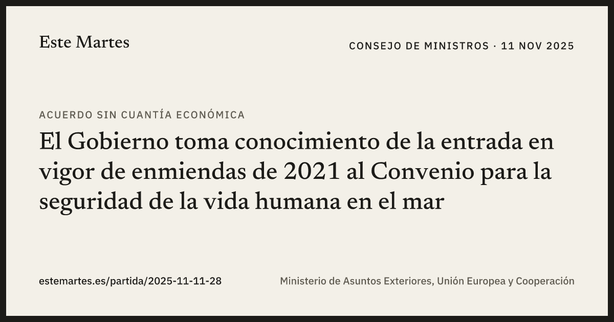 Tarjeta: El Gobierno toma conocimiento de la entrada en vigor de enmiendas de 2021 al Convenio para la seguridad de la vida humana en el mar