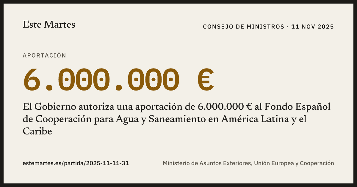 Tarjeta: El Gobierno autoriza una aportación de 6.000.000 € al Fondo Español de Cooperación para Agua y Saneamiento en América Latina y el Caribe