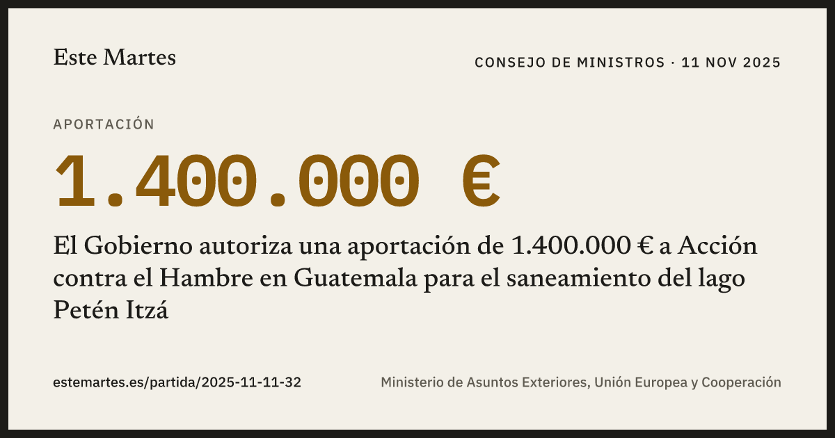 Tarjeta: El Gobierno autoriza una aportación de 1.400.000 € a Acción contra el Hambre en Guatemala para el saneamiento del lago Petén Itzá