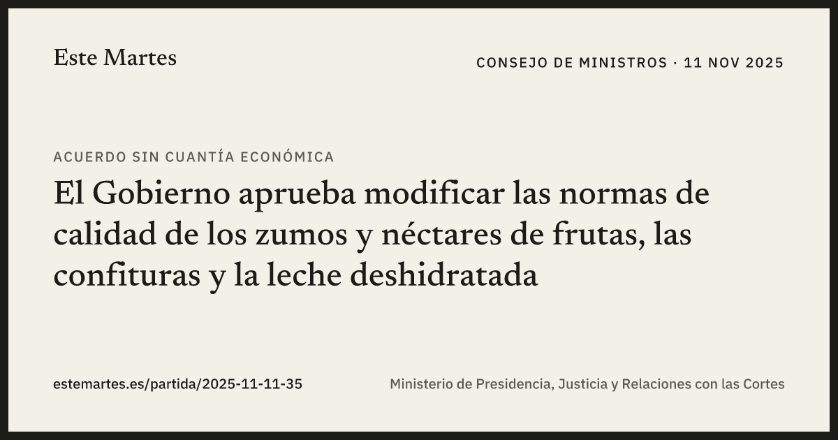 Tarjeta: El Gobierno aprueba modificar las normas de calidad de los zumos y néctares de frutas, las confituras y la leche deshidratada