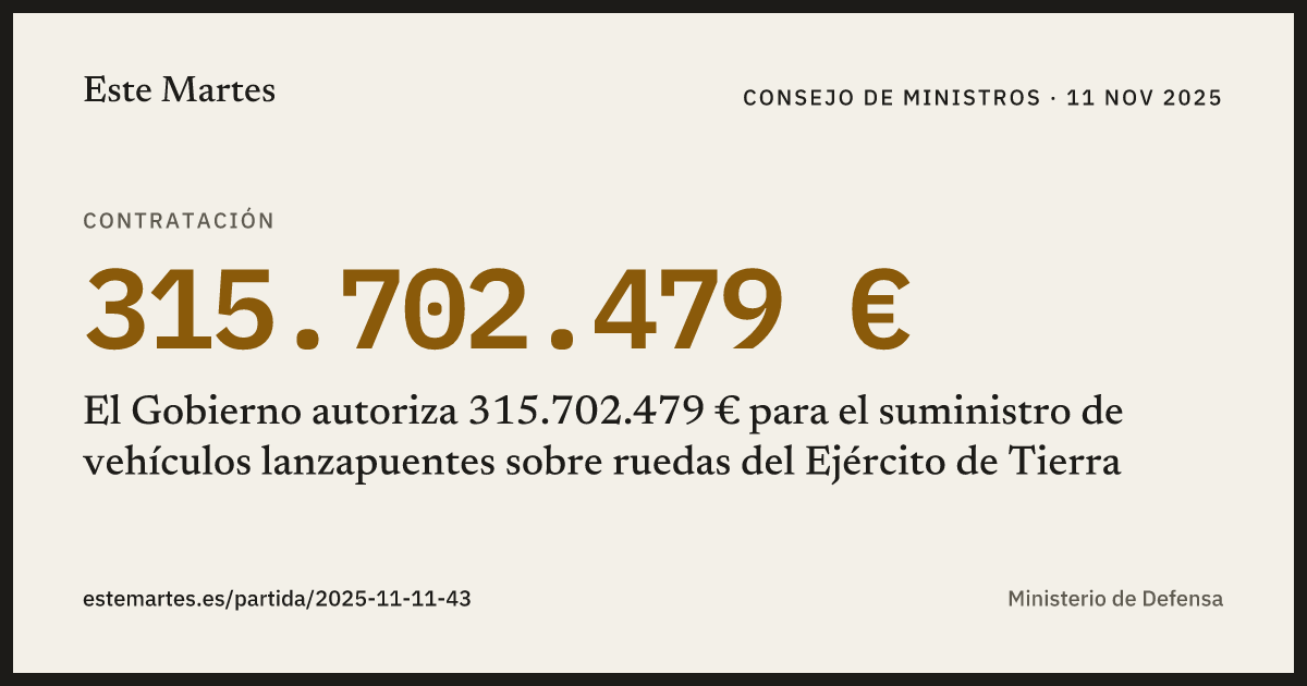 Tarjeta: El Gobierno autoriza 315.702.479 € para el suministro de vehículos lanzapuentes sobre ruedas del Ejército de Tierra