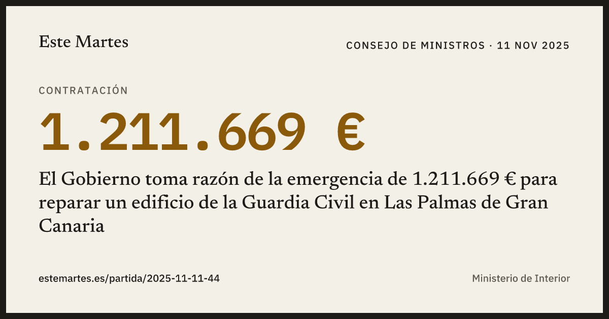 Tarjeta: El Gobierno toma razón de la emergencia de 1.211.669 € para reparar un edificio de la Guardia Civil en Las Palmas de Gran Canaria