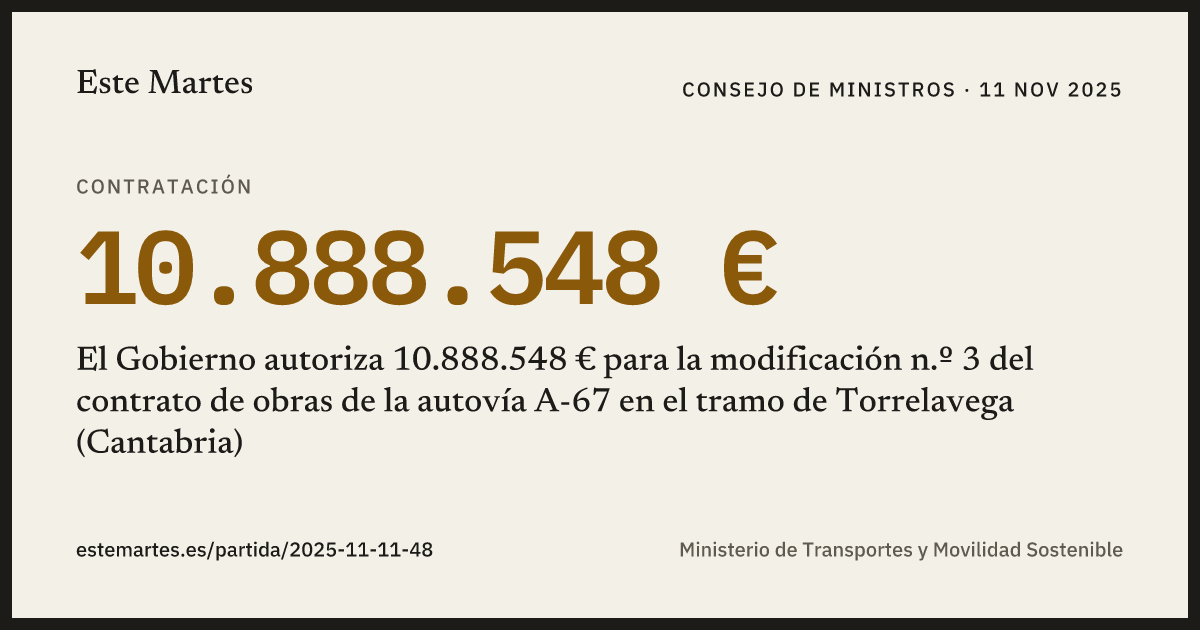 Tarjeta: El Gobierno autoriza 10.888.548 € para la modificación n.º 3 del contrato de obras de la autovía A-67 en el tramo de Torrelavega (Cantabria)