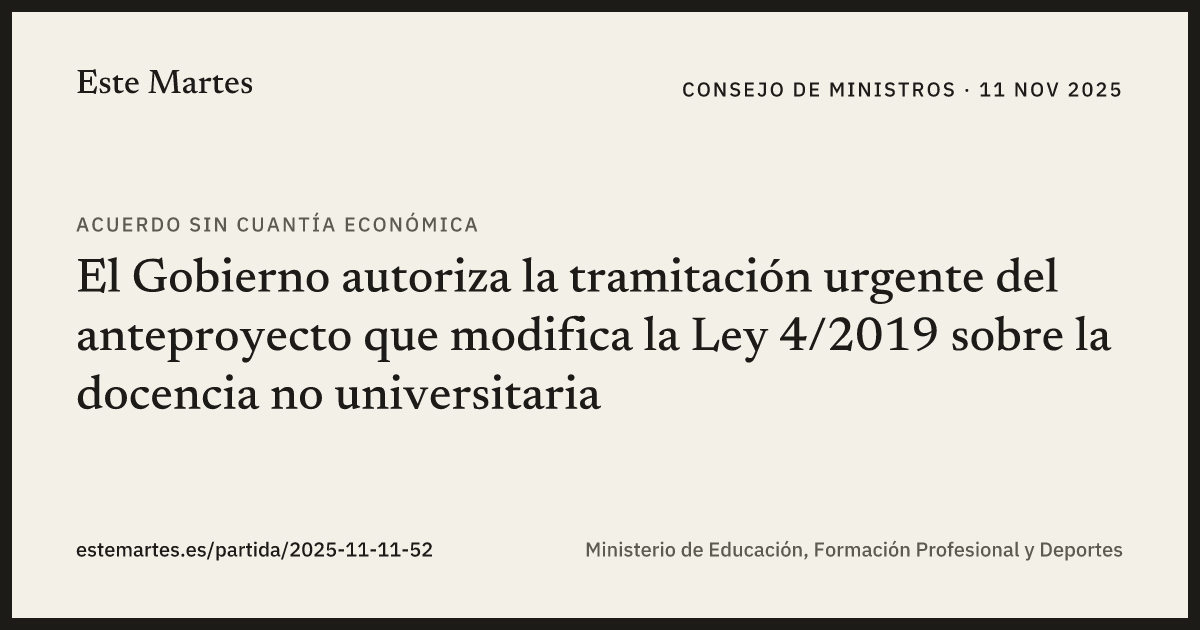 Tarjeta: El Gobierno autoriza la tramitación urgente del anteproyecto que modifica la Ley 4/2019 sobre la docencia no universitaria