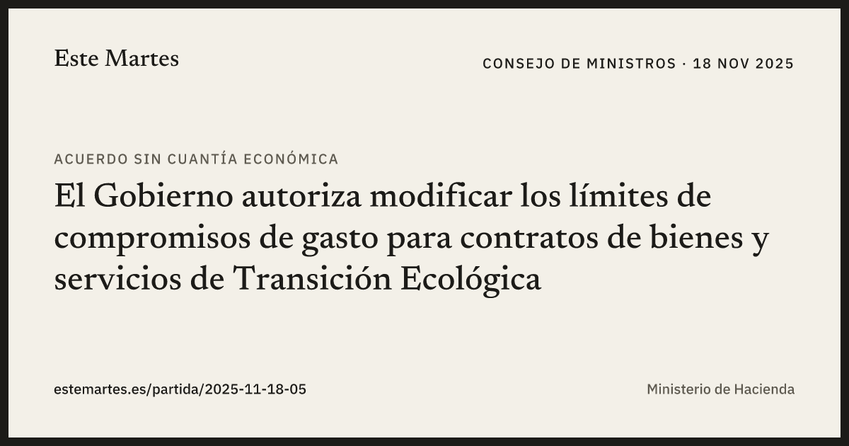 Tarjeta: El Gobierno autoriza modificar los límites de compromisos de gasto para contratos de bienes y servicios de Transición Ecológica