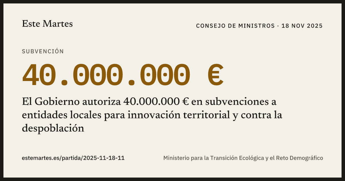 Tarjeta: El Gobierno autoriza 40.000.000 € en subvenciones a entidades locales para innovación territorial y contra la despoblación